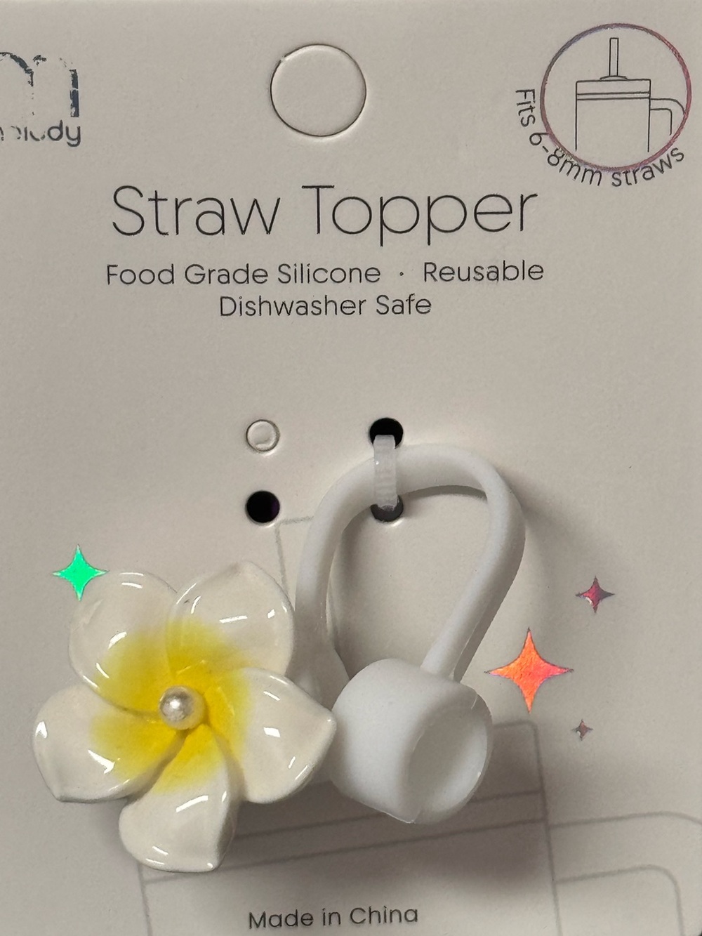 NWT Melody Plumeria Flower Silicone Straw Topper 6-8mm White